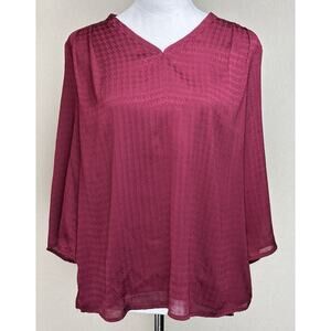 Liz Claiborne Women's Sz S Burgundy V-Neck Blouse 3/4 Sleeve Lined Career Casual